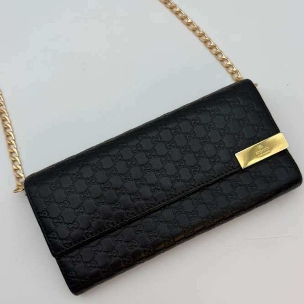 Authentic Gucci Black Micro GG Leather Wallet Clutch Made In Italy Chain As Gift